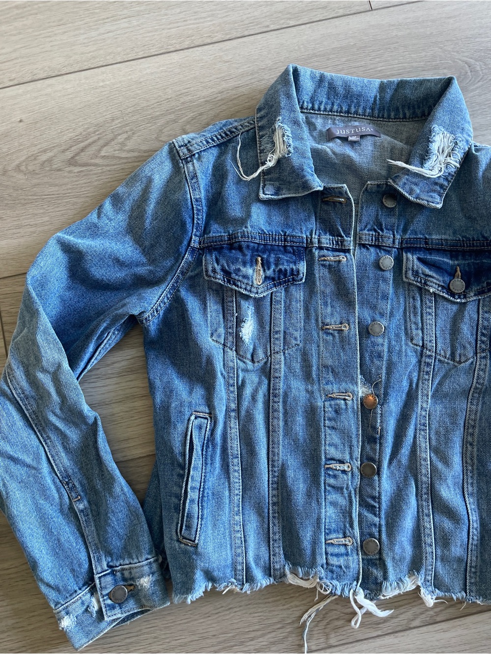 Just USA Distressed Chanel Light Blue Denim Jacket